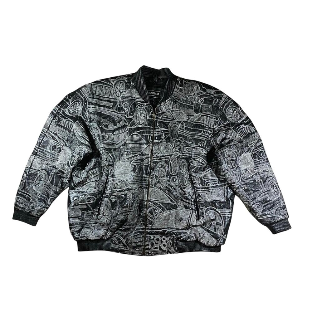Vintage 90s Sports Car Embrodiered Leather Jacket - 5XL